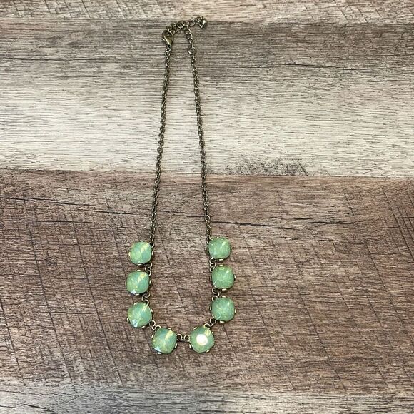 Oval 8 Beaded Rhinestrone Chain Statement Necklace‎ Green Gold Tone - Picture 2 of 7